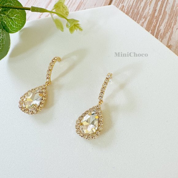 Gold Tone Rhinestones Half Hoop Water-Drop Earrings - Picture 1 of 6